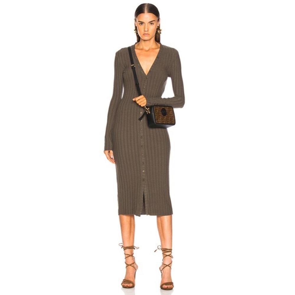 Enza Costa Ribbed Button Down Midi Dress Olive Green Brown Long Sleeve Knit  - S - Picture 2 of 8